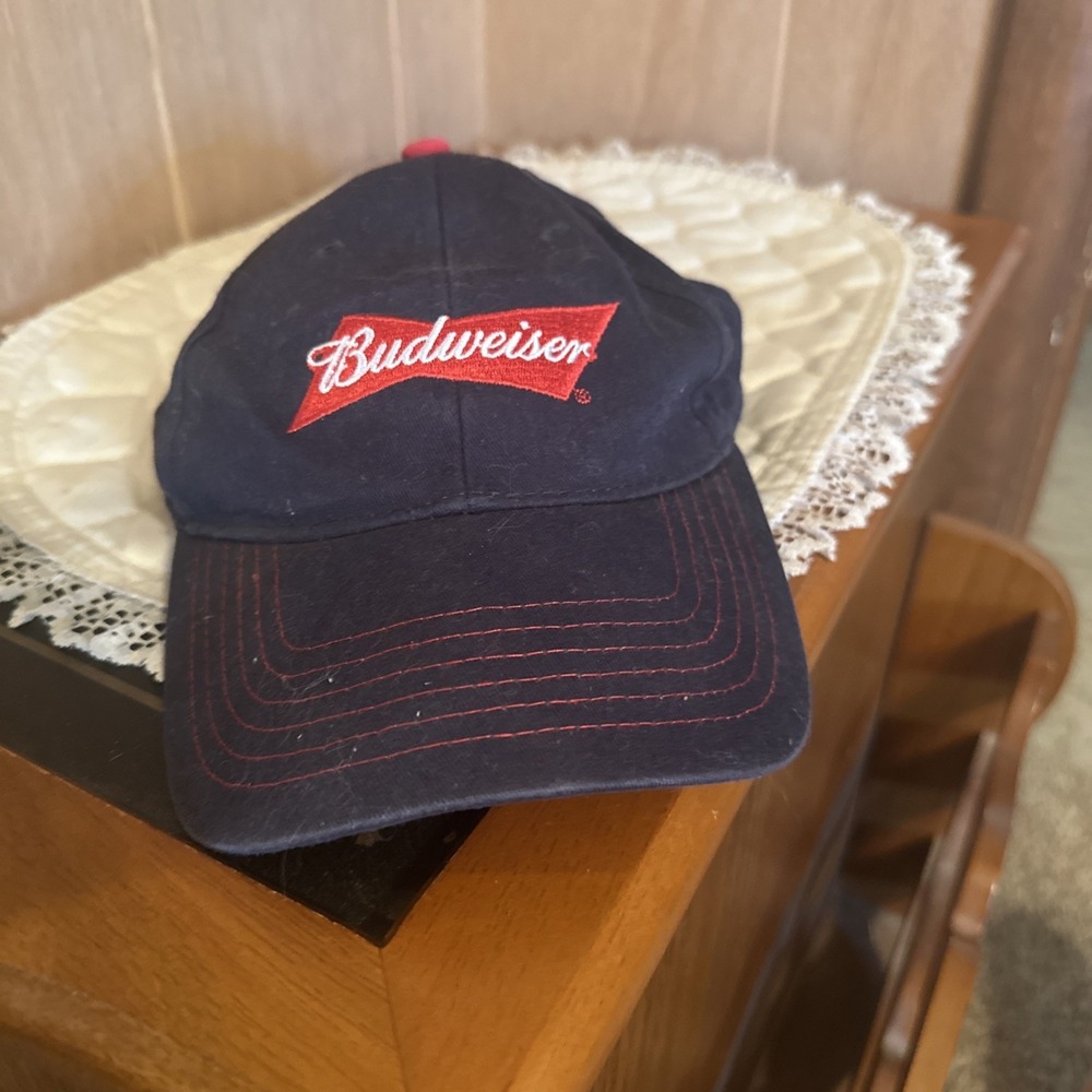 blue Budweiser strapback hat features‎ the brand's bowtie logo embroidered Red